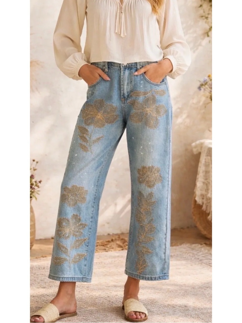 Oli & Hali Straight-Leg Jeans with Gold Floral Embroidery